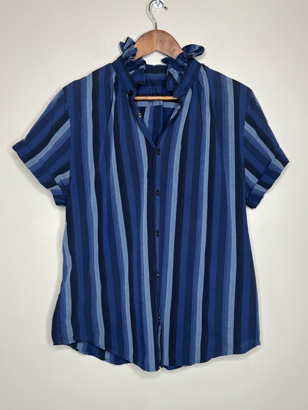 KMJ Quarantini Short Sleeve Ruffle Collar Striped Button Down Shirt
